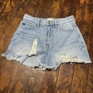 Kancan boho coastal cowgirl lace trimmed 26 cutoff denim shorts